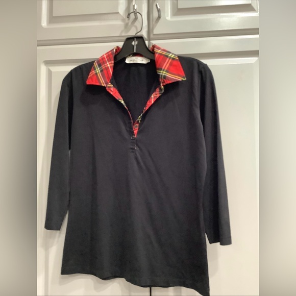 Bugatchi Womens M Black Red Striped Button 3/4 Sleeve Stretch Soft Polo Golf Top - Picture 1 of 10